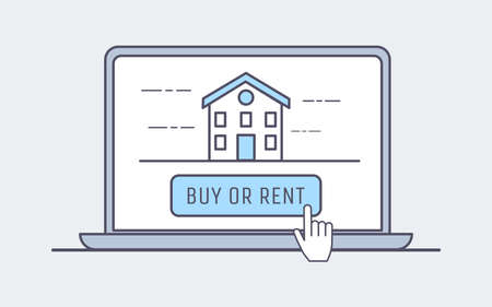 Buy or rent house in the internet vector cartoon outline illustration. Laptop display with house rental website.のイラスト素材