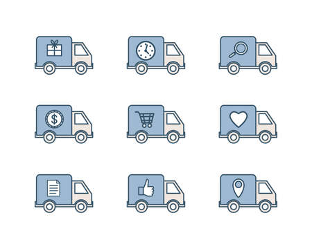 Vector set of delivery track outline icons. Trucks with gifts, clock, document, coin, location point and shopping cart.のイラスト素材