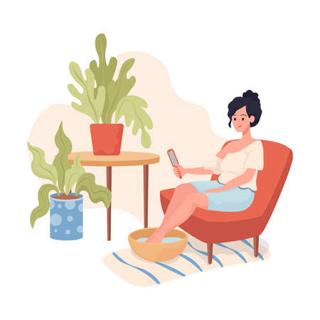 Young smiling woman sitting in comfortable armchair and make pedicure at home by herself vector flat illustration.のイラスト素材