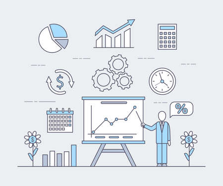 Business application vector cartoon outline illustration. Busy working process, business investment concept.のイラスト素材