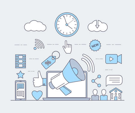 Social media and internet cartoon outline concept. Online communication, video production concept.のイラスト素材