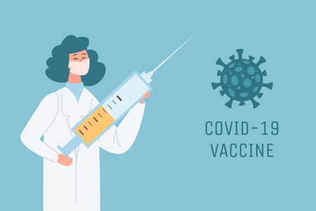 Doctor or scientist in protective face mask hold syringe, and invent vaccine against Coronavirus vector flat illustration.のイラスト素材