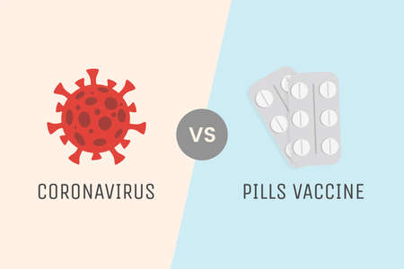 Oral vaccine tablets versus Coronavirus cell vector flat illustration. Tablets in blister pack against Covid-19.のイラスト素材