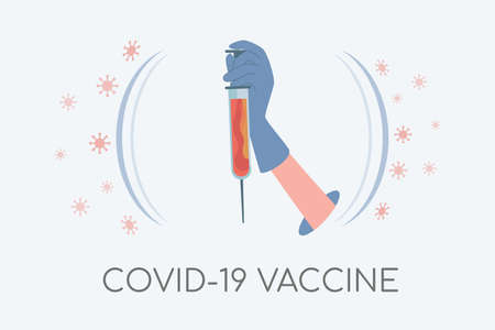 Covid-19 vaccine vector flat banner template. Hand in medical gloves holding syringe with vaccine against Coronavirus.のイラスト素材