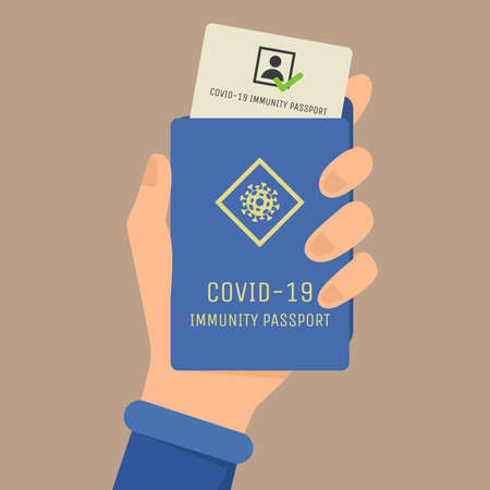 Covid-19 immunity passport vector flat illustration. Hand holding passport with mark of vaccination from Coronavirus.のイラスト素材