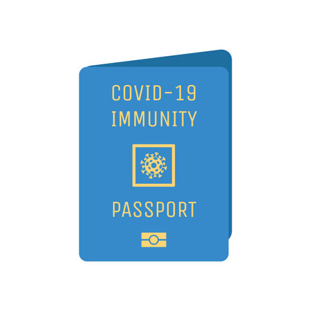 Blue Covid-19 immunity passport cover vector flat template. Passport with mark of immunity and vaccination.のイラスト素材