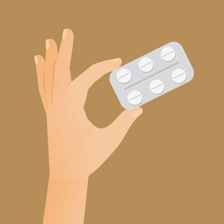 Hand holding blister with white pills vector flat illustration isolated on a beige background.のイラスト素材