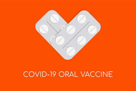 Covid-19 oral vaccine vector flat banner template with text space. White tablets, pills in blister pack.のイラスト素材