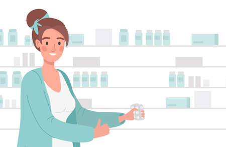 Woman holding pills in blister pack vector flat illustration. Seller on drug store advertising new tablets against disease.のイラスト素材