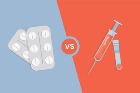 Oral pills versus vaccine in syringe vector flat illustration. Tablets in blister pack against liquid in syringe and test tube.のイラスト素材