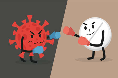 Oral vaccine tablets fight with angry Coronavirus cell vector flat illustration. Brave tablet and Covid-19 molecule.のイラスト素材