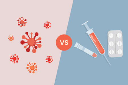 Oral vaccine and syringe against Coronavirus vector flat illustration. Tablets in blister pack, syringe against Covid-19.のイラスト素材
