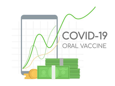 Covid-19 oral vaccine stocks going up vector flat illustration. Incomes from medicines selling going up.のイラスト素材