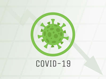 Coronavirus spreading is going down vector flat illustration. Coronavirus cell on the background of falling line graph.のイラスト素材