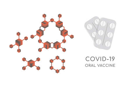Pills of oral vaccine to protect against Coronavirus Covid-19 and DNA molecules structure vector flat illustration.のイラスト素材