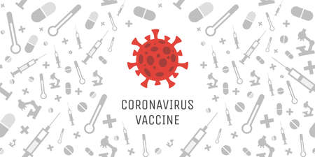 Coronavirus vaccine vector flat design. Covid-19 cell, medical tools, pills, microscopes and syringes.のイラスト素材
