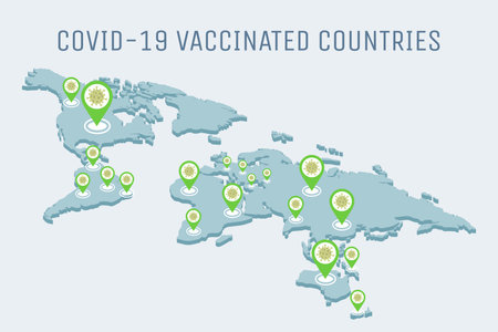 Covid-19 vaccinated countries vector flat illustration. Global pandemic of Coronavirus outbreak on Earth.のイラスト素材