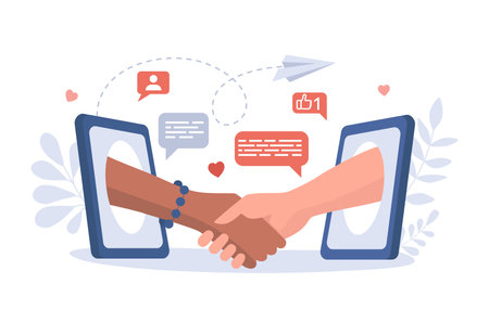Communication, conversation, and friendship in the Internet vector flat illustration. Dating application, social networking.のイラスト素材
