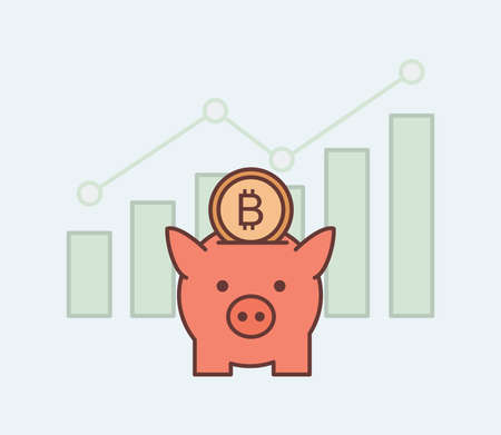 Piggy bank with bitcoin vector cartoon outline illustration on background of rising bar graph. Money savings concept.のイラスト素材