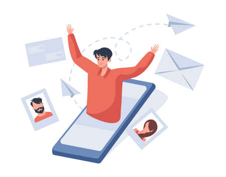 Communication and conversation in the Internet vector flat illustration. Young happy man sending emails to his friends.のイラスト素材