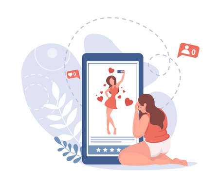 Curvy woman look at her skinny photos, or photos of a skinny girl on the Internet and crying vector flat illustration.のイラスト素材
