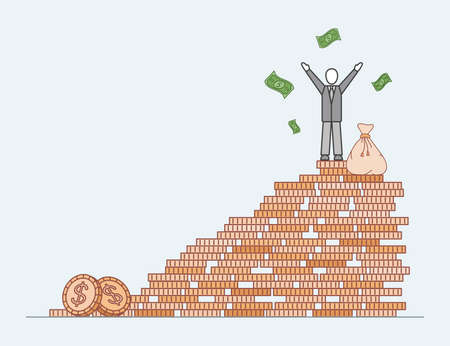Man standing on the rock of golden coins vector cartoon outline illustration. Financial success concept.のイラスト素材