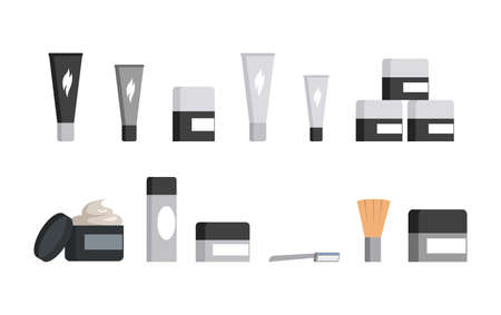 Set of different jars and tubes of cosmetics and shaving tool isolated on white background. Razor and shaving brush.のイラスト素材