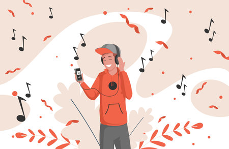Mobile music application vector flat illustration. Man listen music. Audio playlist, entertainment concept.のイラスト素材