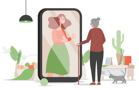 Old woman Standing near mobile screen and talk with her daughter or granddaughter vector flat cartoon illustration.のイラスト素材
