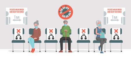 People sitting in line, keep safe social distance vector flat illustration. Men and women wear masks and keep distance.のイラスト素材
