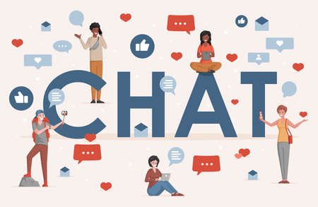 Chat word vector flat banner template. Social media and online communication, video production concept.のイラスト素材