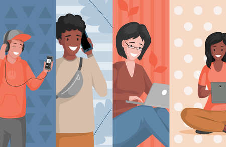 Social media, entertainment, and internet communication vector flat illustration. People searching on the internet.のイラスト素材