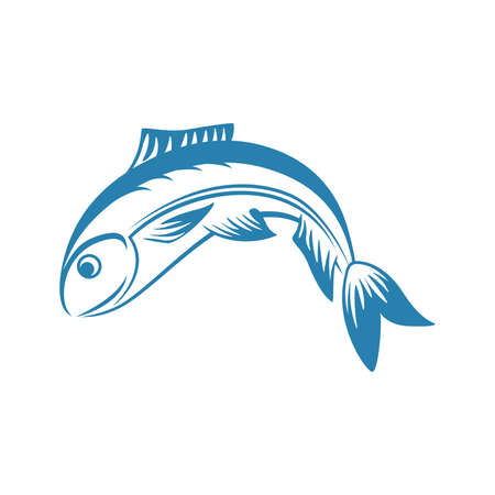 Blue fish vector line illustration isolated on white background. Fishing sport or fish store logotype element.のイラスト素材
