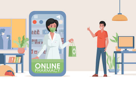 Online pharmacy vector flat illustration. Internet drugstore, health care service concept, non contact delivery.のイラスト素材