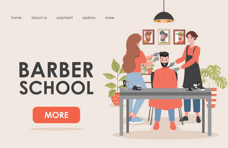 Barber school vector flat landing page template with text space. Hairdressing courses website design.のイラスト素材