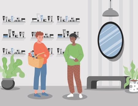 Two men in cosmetic products for men store vector flat illustration. Boy choosing fresh natural cosmetics.のイラスト素材
