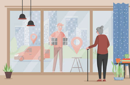 Fast delivery service vector flat illustration. Man in medical mask carrying boxes to old woman.のイラスト素材