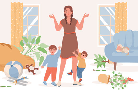Upset and confused mother with two crying naughty little boys vector flat illustration. Parenting, motherhood concept.のイラスト素材