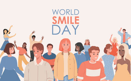 World smile day vector flat banner template with text space. Group of happy people of different ethnicity.のイラスト素材