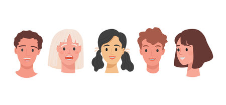 Set of human heads with braces on teeth vector flat illustration isolated on white background.のイラスト素材