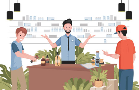 Two boys in organic store vector flat illustration. Cosmetic products for men beauty concept.のイラスト素材