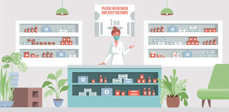 Pharmacy vector flat illustration. Woman standing at the counter, advertising and selling vitamins, drugs and tablets.のイラスト素材
