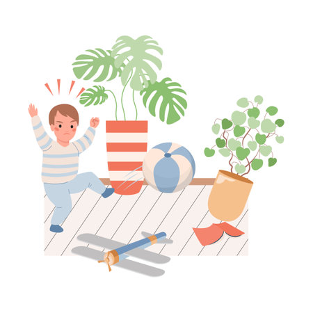 Angry, naughty little boy with his toys vector flat illustration. Difficulties of children education concept.のイラスト素材