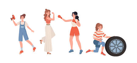 Female professions vector flat illustration . Woman engaged in boxing, repairs breakdowns, change car wheel.のイラスト素材
