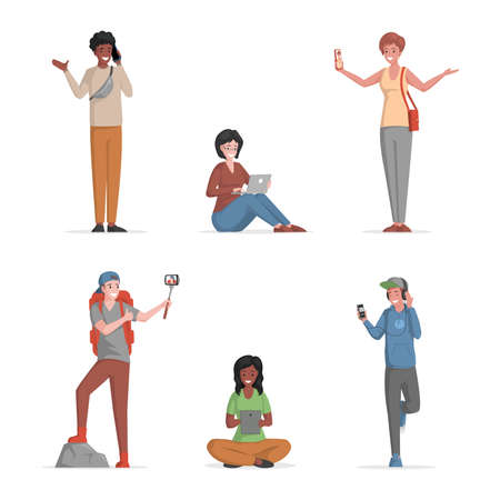 People making video call, blogs, listening music, searching, chatting on the internet. Social media and communication.のイラスト素材