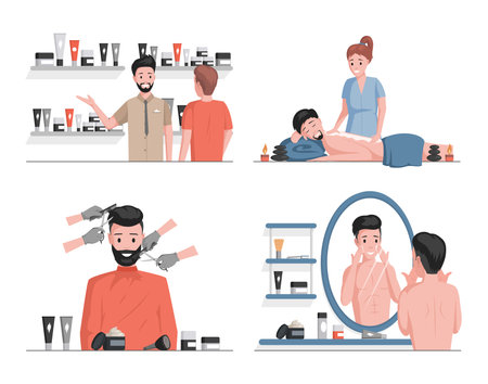 Men spa vector flat illustrations. Male characters shaving, cleansing, or moisturizing face, enjoying body massage.のイラスト素材