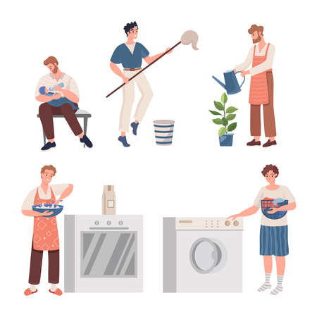 Men doing housework. Male characters sitting with baby, cleaning flat, planting flowers, cooking and washing.のイラスト素材