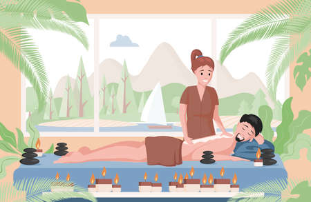 Massage therapist practicing massage on lying man. Relaxed man lying on couch and enjoying body massage.のイラスト素材