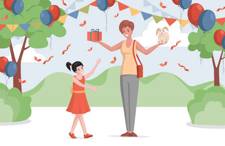 Happy little girl in dress celebrating birthday outdoor in decorated park or forest vector flat illustration.のイラスト素材