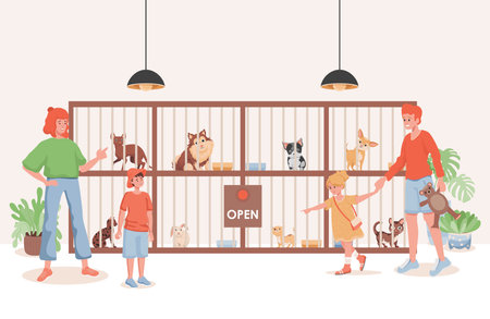 Pet shelter or animal shop vector flat illustration. Family choosing domestic pet to buy or shelter in family.のイラスト素材